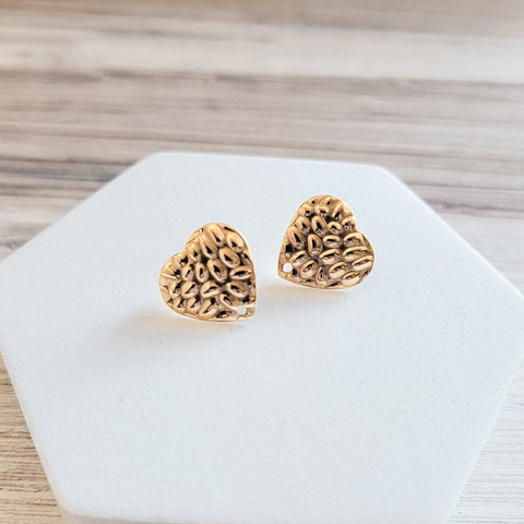 Hammered Gold Heart Stud Findings with Holes, 10 Pieces
