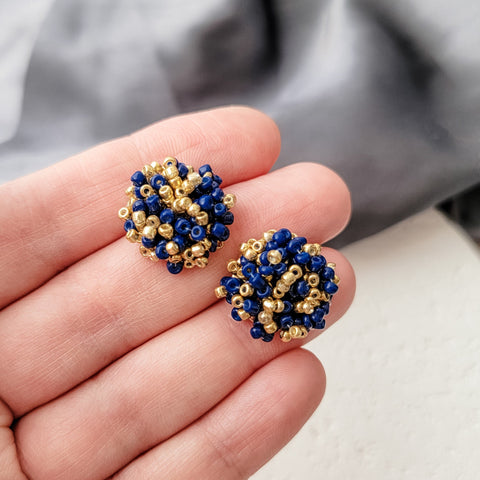 Gold and Navy Mix 15mm Small Seed Bead Topper, 1 Pair, Seed Bead #78