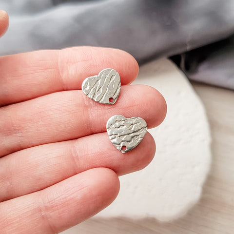 Silver Textured Heart Stud Findings with Holes, 10 Pieces, Stud #78