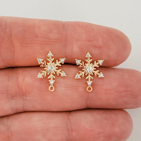 Gold Snowflake Cubic Zirconia Studs with Loops, 10 Pieces, Stud #35