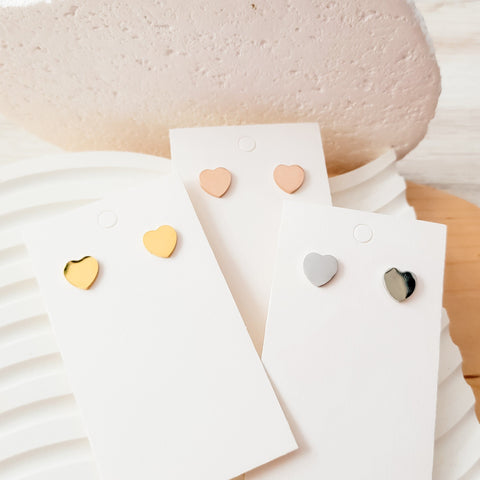 Heart Studs (Silver, Gold, or Rose Gold), 1 Pair Total, Metal Blank #13