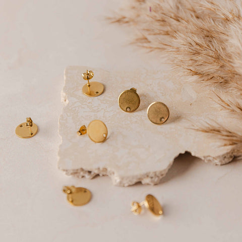 Gold Flat Round Stud Findings with Holes, 10 Pieces, Stud #93