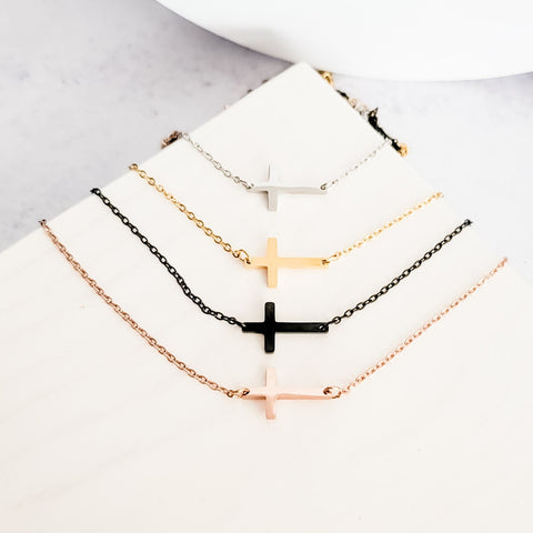 Tiny Horizontal Cross Necklace (Silver, Gold, Rose Gold, or Black), 1 Total, Metal Blank #42