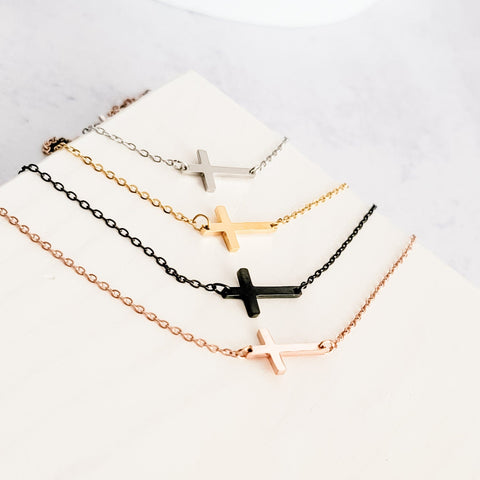 Tiny Horizontal Cross Necklace (Silver, Gold, Rose Gold, or Black), 1 Total, Metal Blank #42