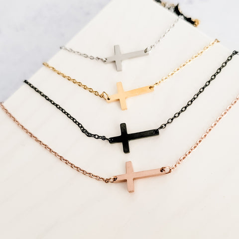 Tiny Horizontal Cross Necklace (Silver, Gold, Rose Gold, or Black), 1 Total, Metal Blank #42