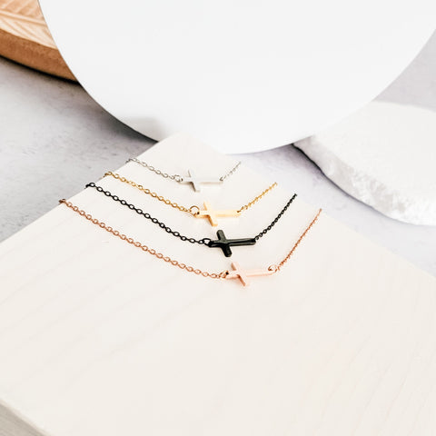 Tiny Horizontal Cross Necklace (Silver, Gold, Rose Gold, or Black), 1 Total, Metal Blank #42