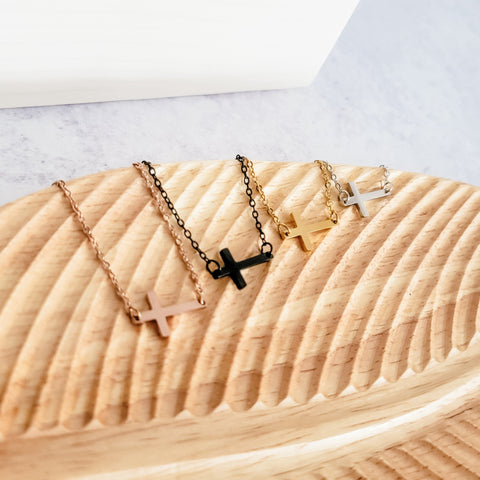 Tiny Horizontal Cross Necklace (Silver, Gold, Rose Gold, or Black), 1 Total, Metal Blank #42