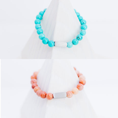 Beaded Stone Bracelet (Choose Turquoise, White Howlite, Tiger Eye, Pink Aventurine, or Rhodonite), 1 Total, Metal Blank #48