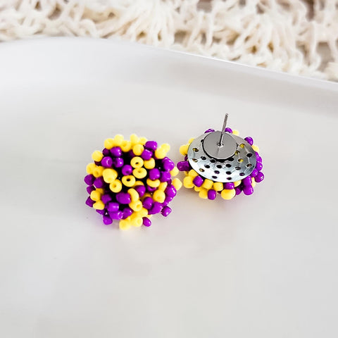 Yellow and Purple Mix 15mm Small Seed Bead Topper, 1 Pair, Seed Bead #50