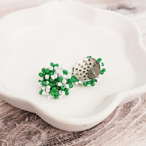 Kelly Green and White Mix 15mm Small Seed Bead Topper, 1 Pair, Seed Bead #80