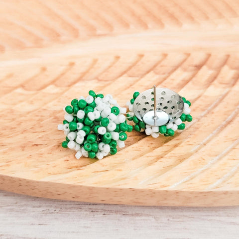 Kelly Green and White Mix 15mm Small Seed Bead Topper, 1 Pair, Seed Bead #80