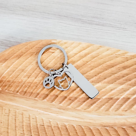 Rectangle with Cat and Paw Charm Keychain (Silver), 1 Piece Total, Metal Blank #93