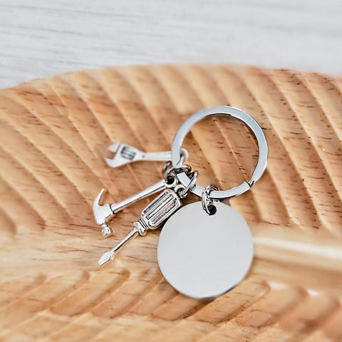 Disc with Tool Trio Charm Keychain (Silver), 1 Piece Total, Metal Blank #94