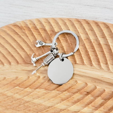 Disc with Tool Trio Charm Keychain (Silver), 1 Piece Total, Metal Blank #94