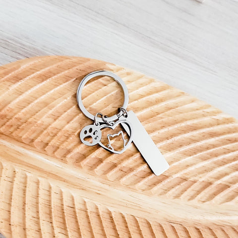Rectangle with Cat and Paw Charm Keychain (Silver), 1 Piece Total, Metal Blank #93