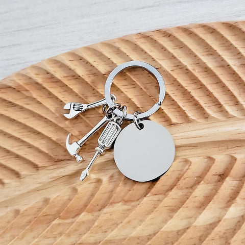 Disc with Tool Trio Charm Keychain (Silver), 1 Piece Total, Metal Blank #94