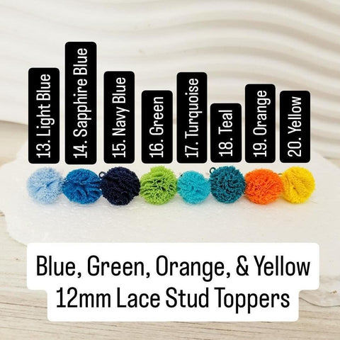 Blue, Green, Orange, & Yellow 12mm Lace Stud Topper (Choice of Color), 3 Pairs, Stud #141-148