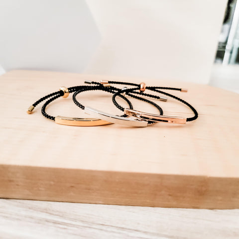Sliding Bar Cord Bracelet (Silver, Gold, Rose Gold + Black Cord), 1 Total, Metal Blank #121