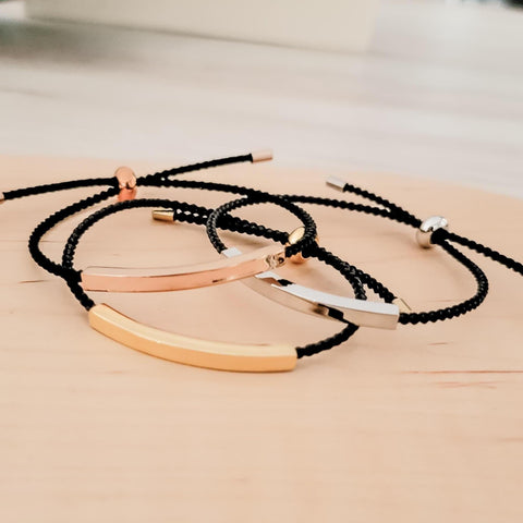 Sliding Bar Cord Bracelet (Silver, Gold, Rose Gold + Black Cord), 1 Total, Metal Blank #121