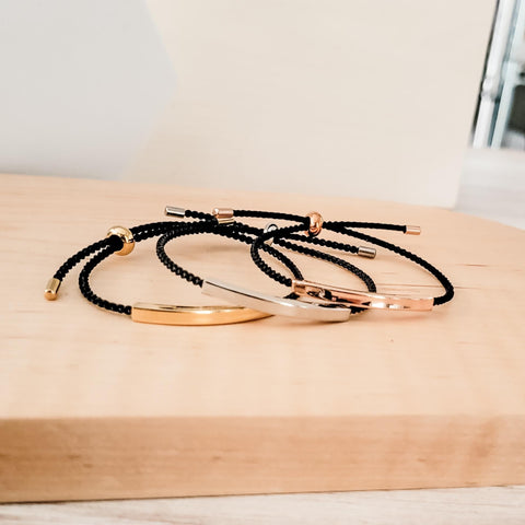 Sliding Bar Cord Bracelet (Silver, Gold, Rose Gold + Black Cord), 1 Total, Metal Blank #121