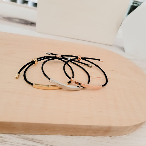 Sliding Bar Cord Bracelet (Silver, Gold, Rose Gold + Black Cord), 1 Total, Metal Blank #121