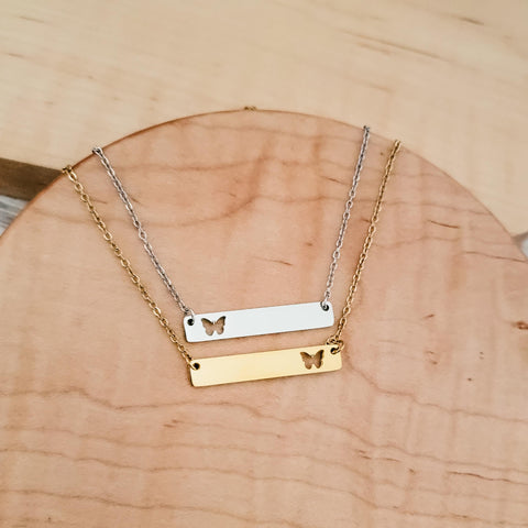 Butterfly Cutout Horizontal Bar Necklace (Silver or Gold), 1 Total, Metal Blank #122